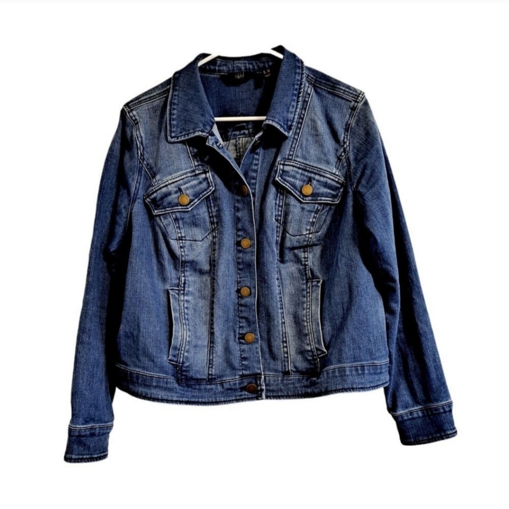 GILI Buddha Embroidered Jean Jacket Women 18W Button Up Collared Stretch Denim - Picture 2 of 4